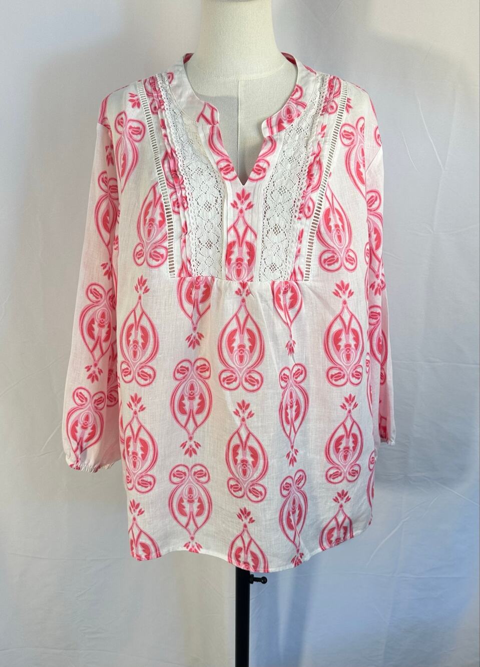 Crown & Ivy Plus Size 3X Pink White Paisley Linen Lace Tunic Top Preppy Linen